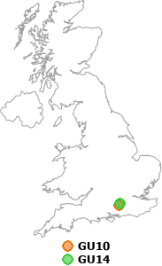 map showing distance between GU10 and GU14