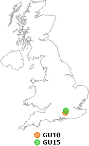 map showing distance between GU10 and GU15