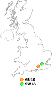 map showing distance between GU10 and SW1A