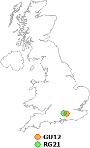 map showing distance between GU12 and RG21