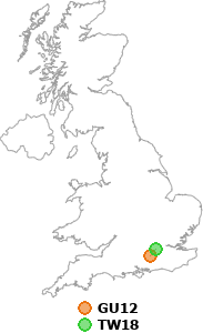 map showing distance between GU12 and TW18