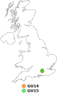 map showing distance between GU14 and GU15