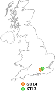 map showing distance between GU14 and KT13
