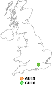 map showing distance between GU15 and GU16