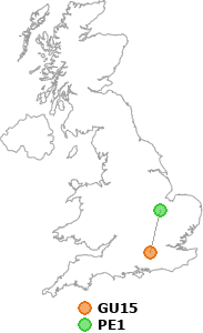 map showing distance between GU15 and PE1