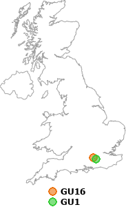 map showing distance between GU16 and GU1