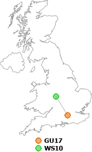 map showing distance between GU17 and WS10