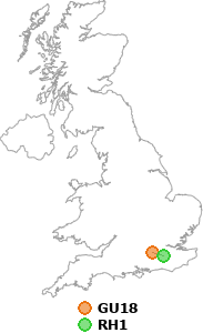 map showing distance between GU18 and RH1