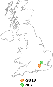 map showing distance between GU19 and AL2