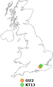 map showing distance between GU2 and KT13