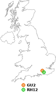 map showing distance between GU2 and RH12