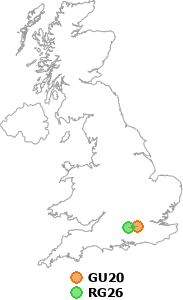 map showing distance between GU20 and RG26