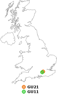 map showing distance between GU21 and GU11