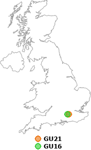 map showing distance between GU21 and GU16