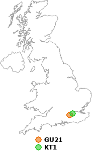 map showing distance between GU21 and KT1