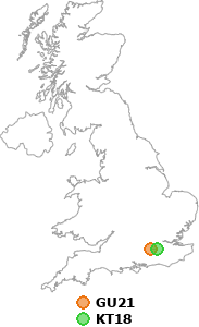 map showing distance between GU21 and KT18