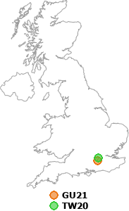 map showing distance between GU21 and TW20