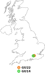 map showing distance between GU22 and GU14