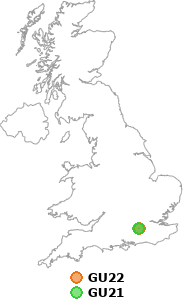 map showing distance between GU22 and GU21