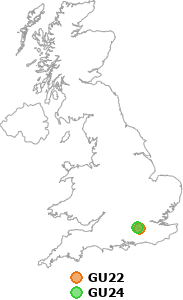 map showing distance between GU22 and GU24
