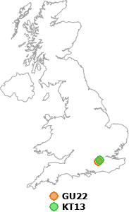 map showing distance between GU22 and KT13