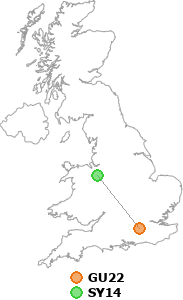 map showing distance between GU22 and SY14