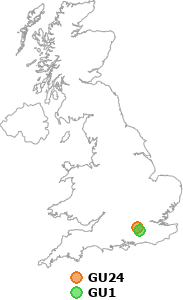 map showing distance between GU24 and GU1