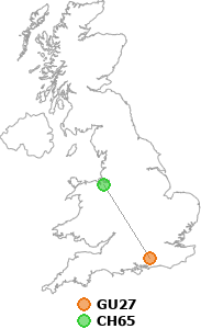 map showing distance between GU27 and CH65