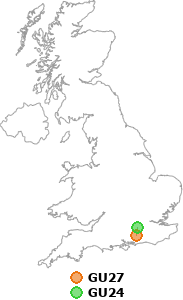 map showing distance between GU27 and GU24
