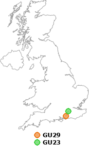 map showing distance between GU29 and GU23