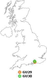 map showing distance between GU29 and GU30