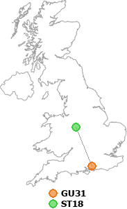 map showing distance between GU31 and ST18