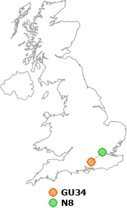 map showing distance between GU34 and N8