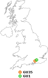 map showing distance between GU35 and GU1
