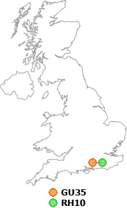 map showing distance between GU35 and RH10