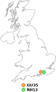 map showing distance between GU35 and RH12