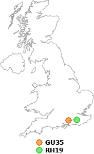 map showing distance between GU35 and RH19