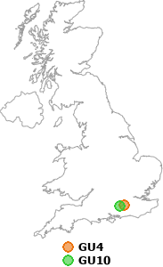 map showing distance between GU4 and GU10