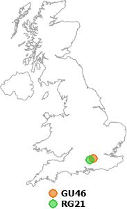 map showing distance between GU46 and RG21