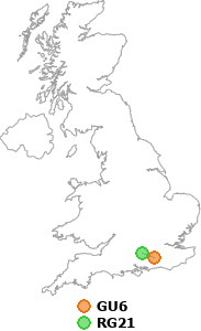 map showing distance between GU6 and RG21