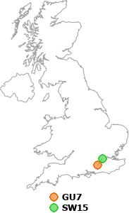 map showing distance between GU7 and SW15