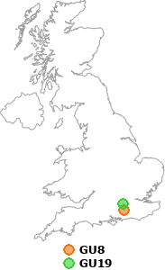 map showing distance between GU8 and GU19