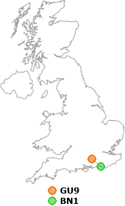 map showing distance between GU9 and BN1