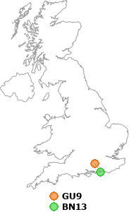 map showing distance between GU9 and BN13