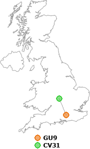 map showing distance between GU9 and CV31