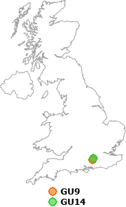 map showing distance between GU9 and GU14