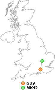 map showing distance between GU9 and MK42
