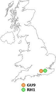 map showing distance between GU9 and RH1