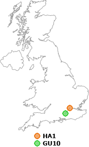 map showing distance between HA1 and GU10