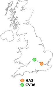 map showing distance between HA3 and CV36
